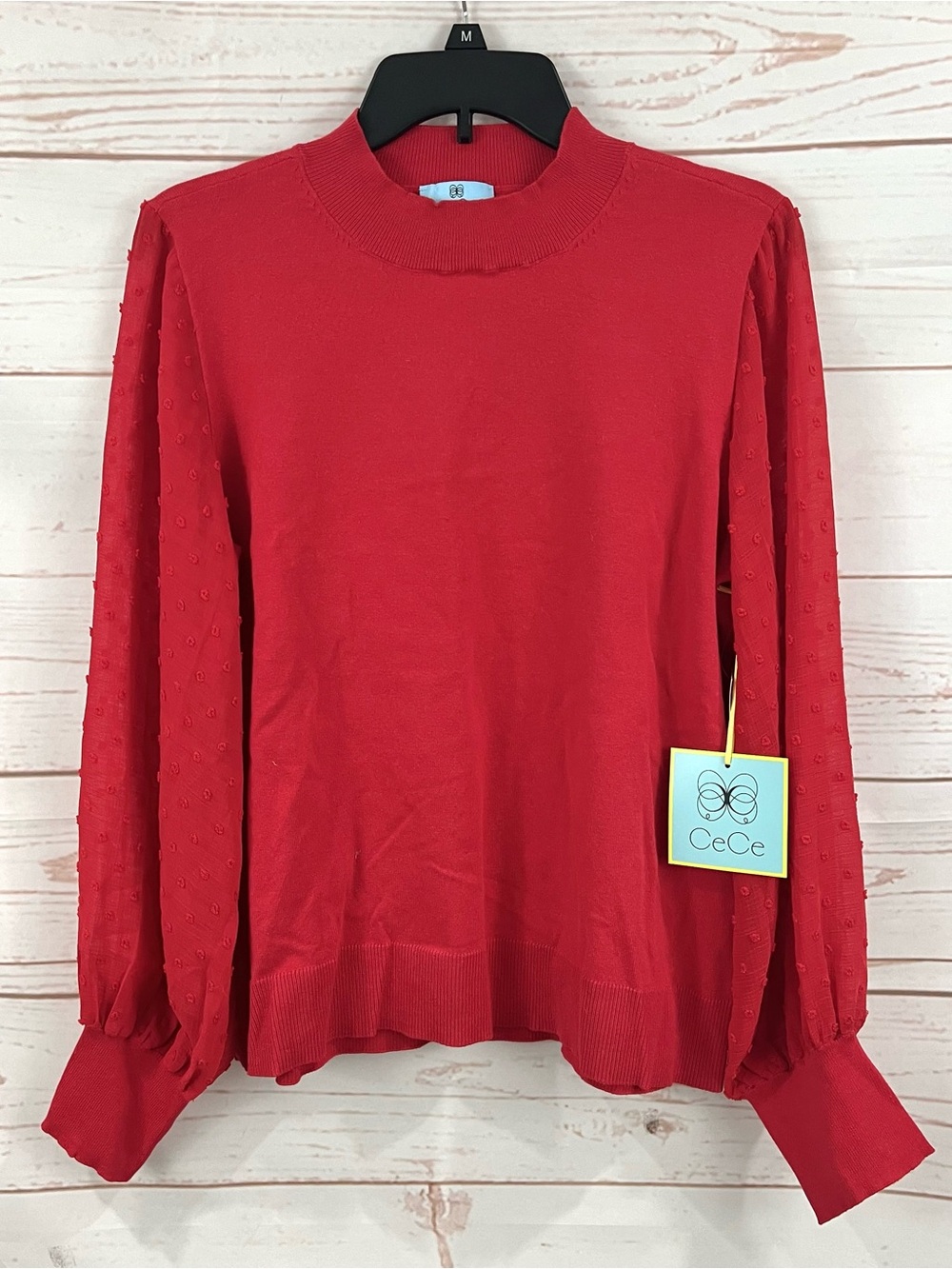 Cece NWT Red Sheer Swiss Dot Puffy Balloon Sleeve Crew Neck Sweater